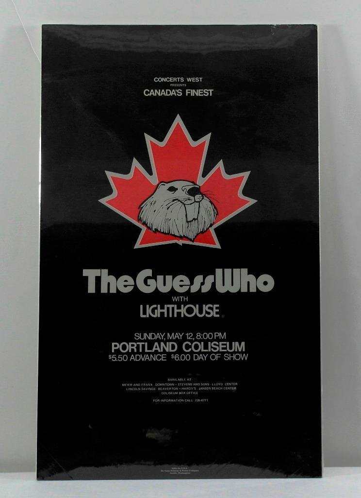 The Guess Who Concert Poster from Portland, Oregon: This is an original concert poster for The Guess Who with Lighthouse. The concert was presented by Concerts West and was held at the Memorial Coliseum in Portland, Oregon on Sunday May 12, 1974. This