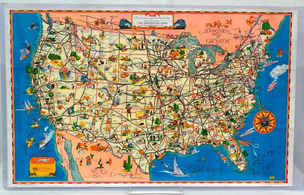 "Good-Natured" U.S. Map by Greyhound Bus: This "Good Natured" map of the United States and a "Guide to the Wonderful West" was issued compliments of Greyhound and Union Pacific Stages. The litho was made in the USA by Sunset Press in San Fran