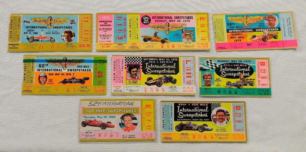 Eight (8) Ticket Stubs for the International: This lot includes eight (8) ticket stubs for the Annual 500 Mile International Sweepstakes Race (6 are consecutive years). The tickets are for the years: 1968 featuring A. J. Foyt (no rain check); 197