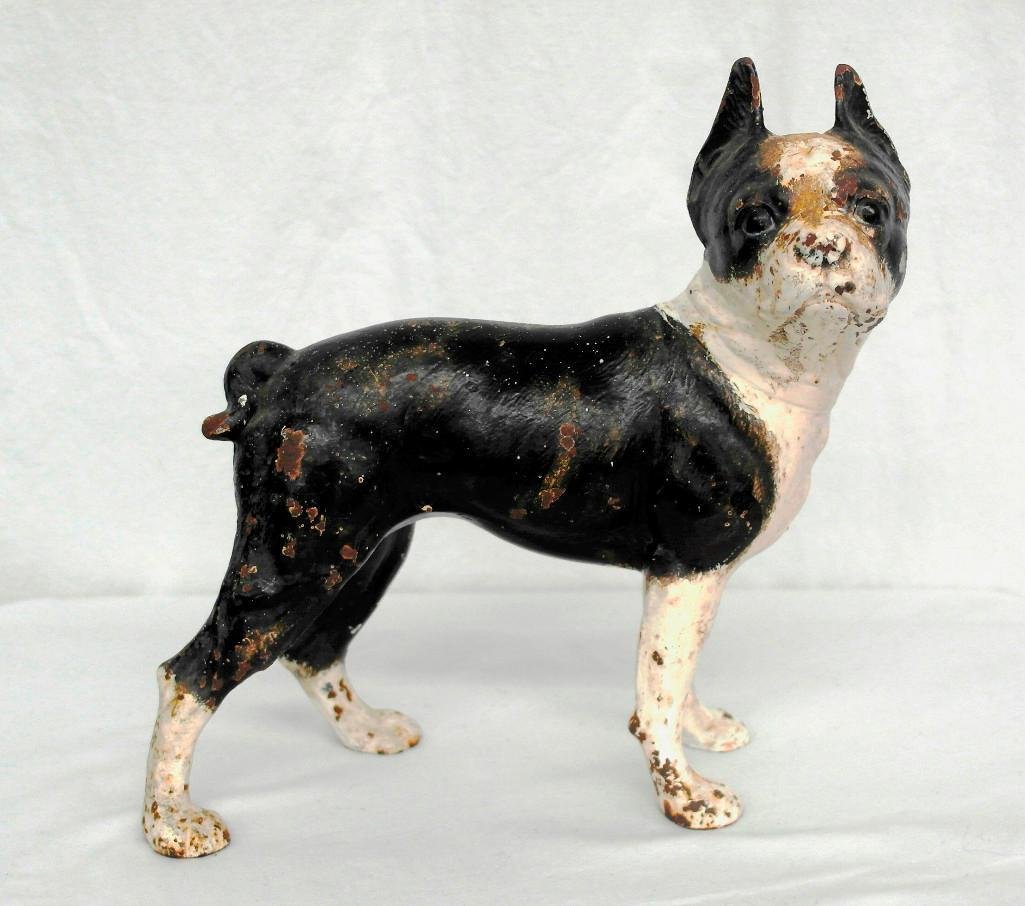 Cast-Iron Boston Terrier Doorstop: There is no maker's mark on this vintage cast-iron doorstop in the shape of a Boston terrier, but it sure looks like it might have been made by Hubley Manufacturing Co. of Lancaster, PA. It is approxi