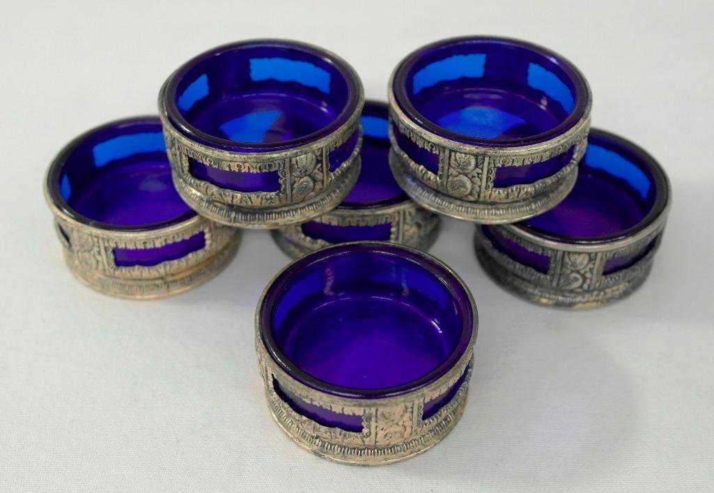 Set of 6 Silver Salt Cellars with Cobalt Blue Inserts (1 of 7)