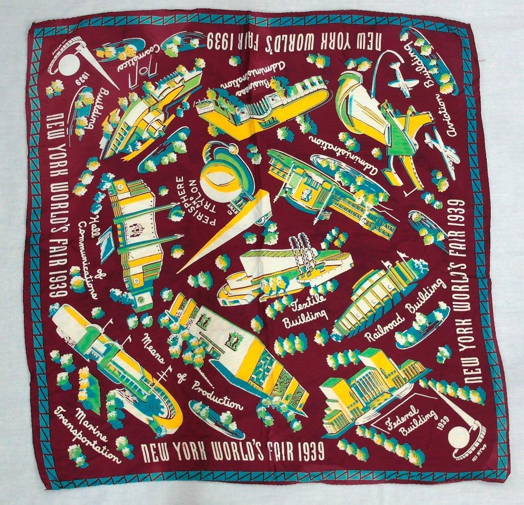 Silk Scarf/Handkerchief from 1939 New York World's Fair: This silk scraf, or handkerchief, highlights many of the attractions at the 1939 New York World's Fair, with great graphics against a brown background. Featured are the iconic Perisphe