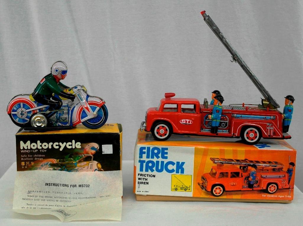 2 Tin Litho Toys - Fire Truck And Motorcycle (1 of 9)
