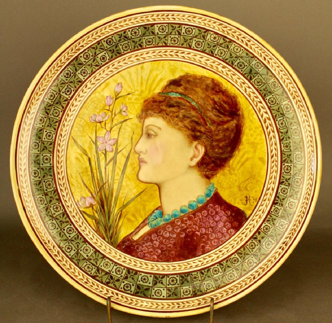 J. P. Hewitt for Copeland Portrait Charger: J. P. Hewitt for Copeland hand painted portrait charger in ceramic, dated 1878, profile of woman wearing blue beads, impressed Copeland mark and artist signature as well as artist's cipher and date on