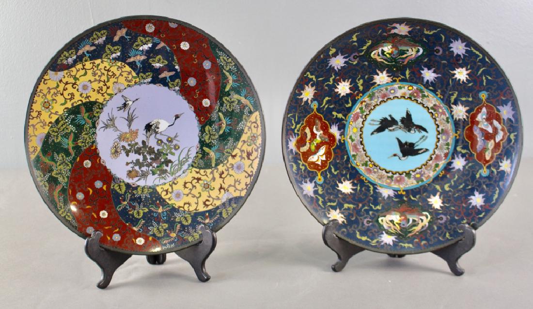 Two Japanese Cloisonne Chargers: Two Japanese Cloisonne chargers, last quarter 19th century, both depicting birds or cranes, much gold tone flecks in each, 12" diameter, great detail, very good condition.