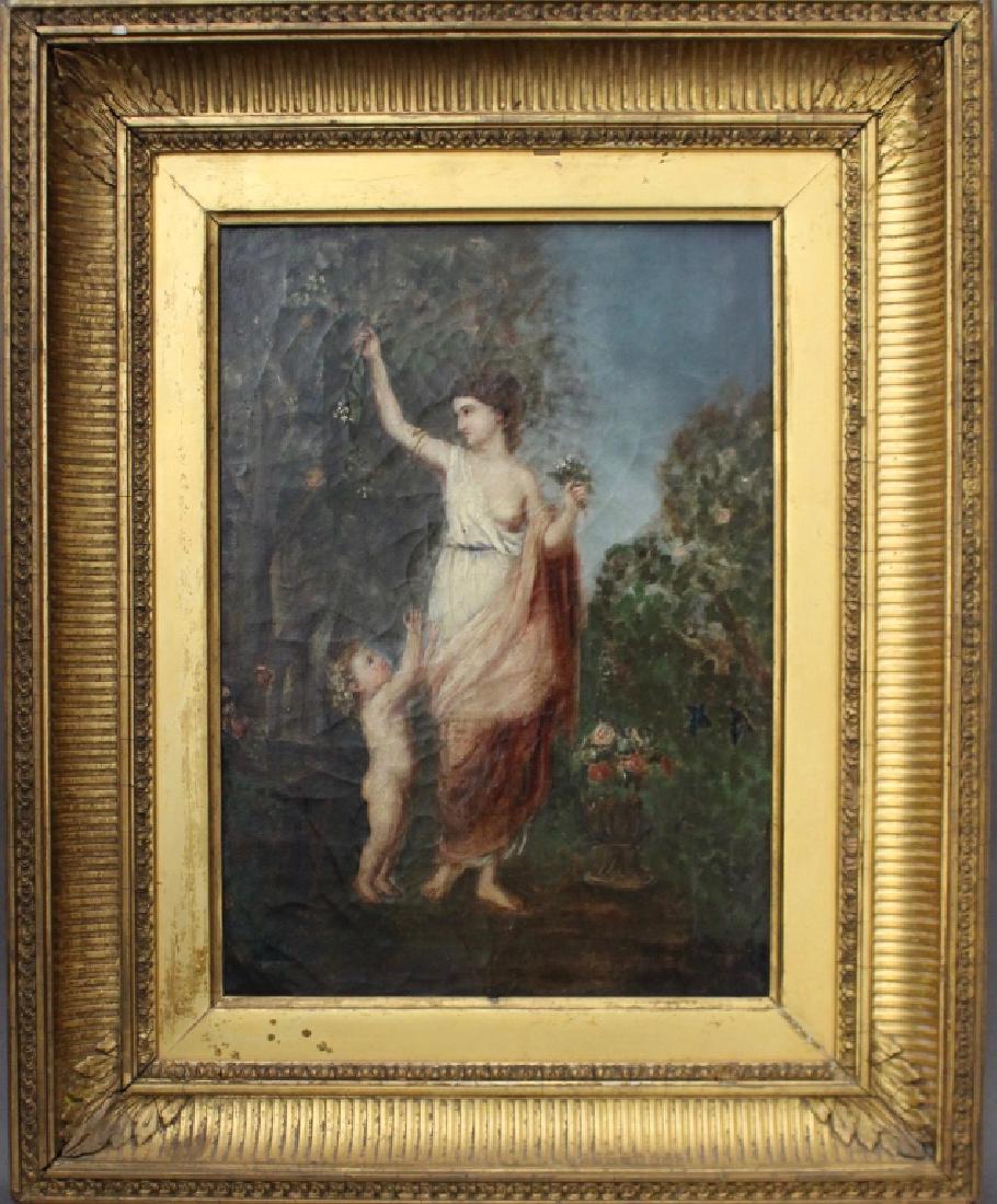 John William Waterhouse, 1849-1917: John William Waterhouse, 1849-1917, oil on canvas of lady in flowing gown in garden with young child on her right. Image 9.75" x 13.5" in original Impressionist frame 21.25" x 17". Signed lower left, 