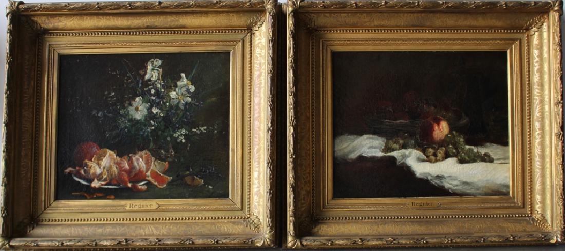 Two Oil on Canvas Still Life Paintings: Two oil on canvas still life paintings, both signed "Regnier" on brass plaques on frames, one is signed lower right, but first name is illegible. The frames are 27.5" x 24" and are 1870-90 period and 