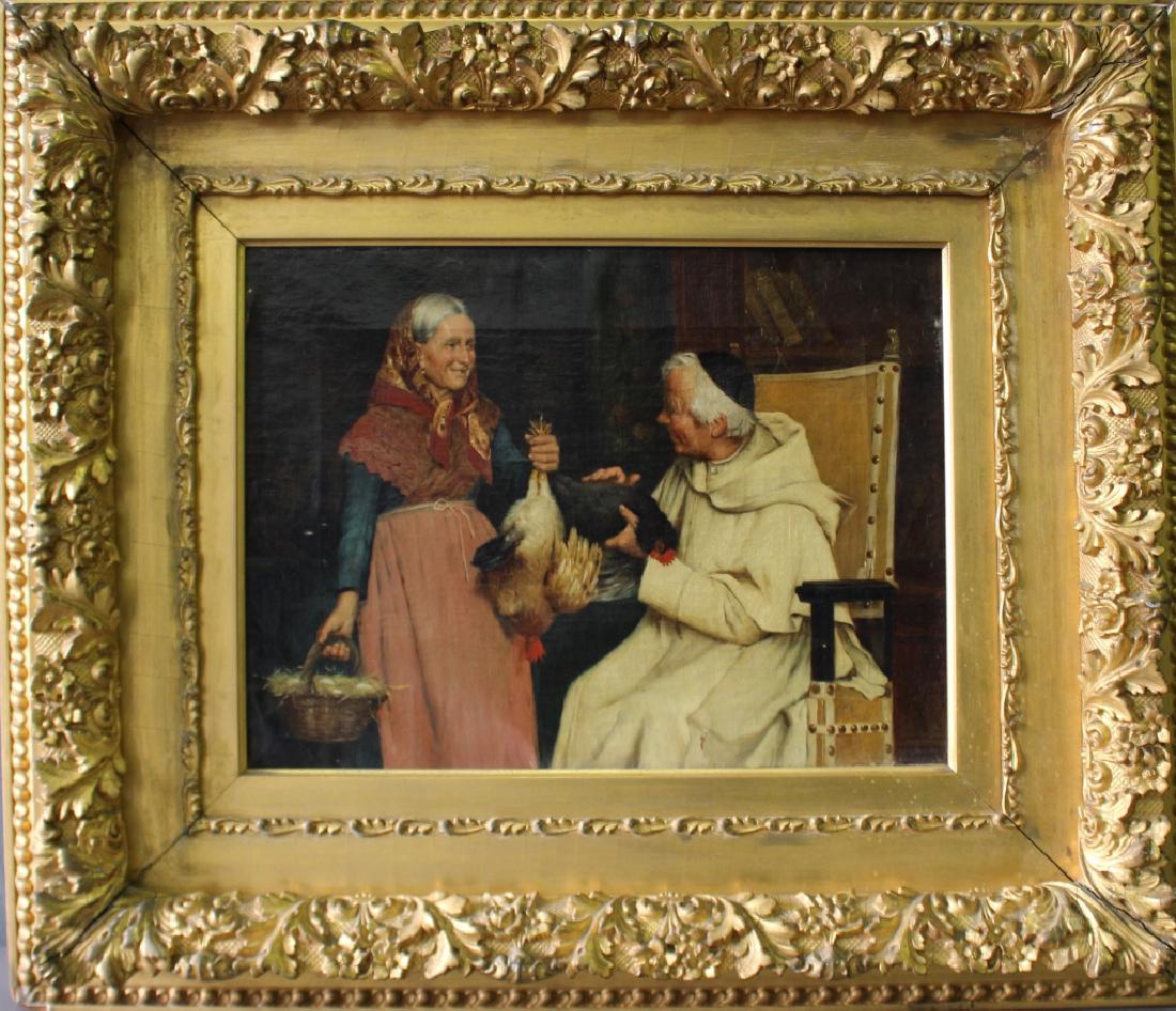 Oil on Canvas, Italian School, "Making a Bargain": 19th century Italian school, "Making a Bargain ", depiction of farming woman with egg basket and two chickens presenting them to a church leader, 12" x 16" image in original 27" x 23" gold gesso frame