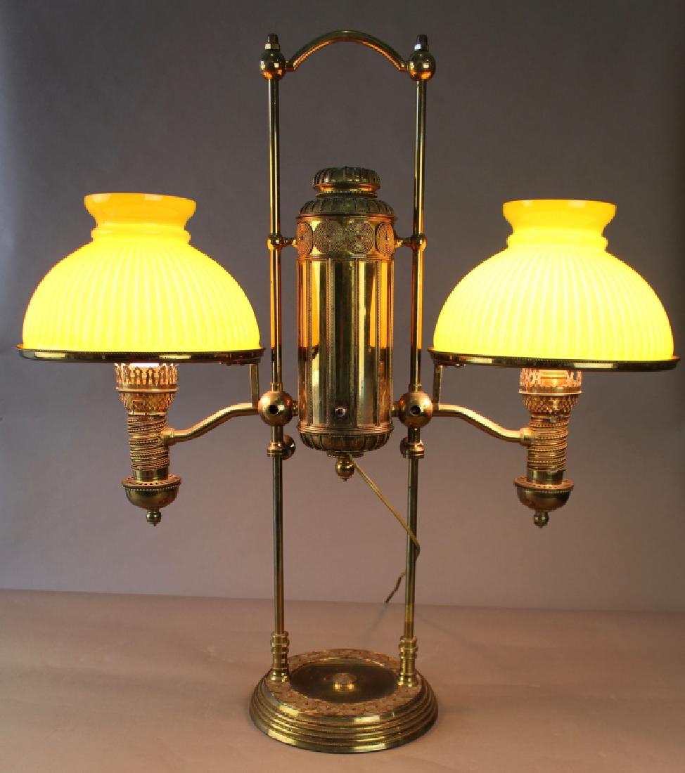 Tiffany Studios Student Lamp: Brass double mantle student lamp, attributed to Tiffany Studios "Moorish" line, unsigned (but we're positive it's Tiffany), electrified, with 2 yellow cased ribbed glass shades, coiled rope applicatio