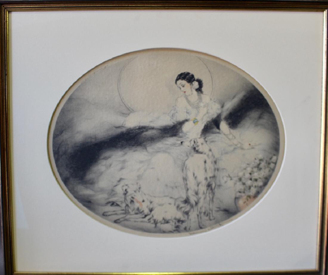 Louis Icart, Dry Point Etching: Louis Icart, original dry point etching, "Lady of the Camelias", c. 1927, signed in pencil lower right, artist's number 14 lower left, embossed Paris windmill partially covered by oval mat, copyright