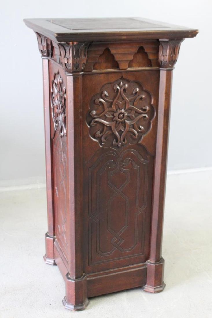 Walnut Carved Art Nouveau Pedestal: Walnut Art Nouveau style carved pedestal, late 1800s, beautiful deep carving all around, leather inset top, columnar corners, pad feet, good condition, 36"h, 17" square.
