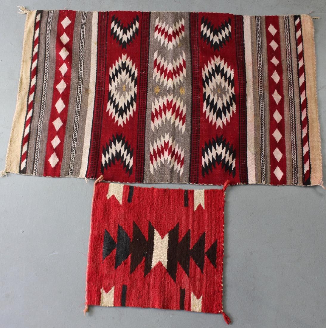 Two Navajo Textiles: Two Navajo textiles: 19" x 17" roadside "sampler" with red background and black and natural triangle designs, plus a 28" x 47.5" blanket with series of red and brown serrated triangles (minor stains,