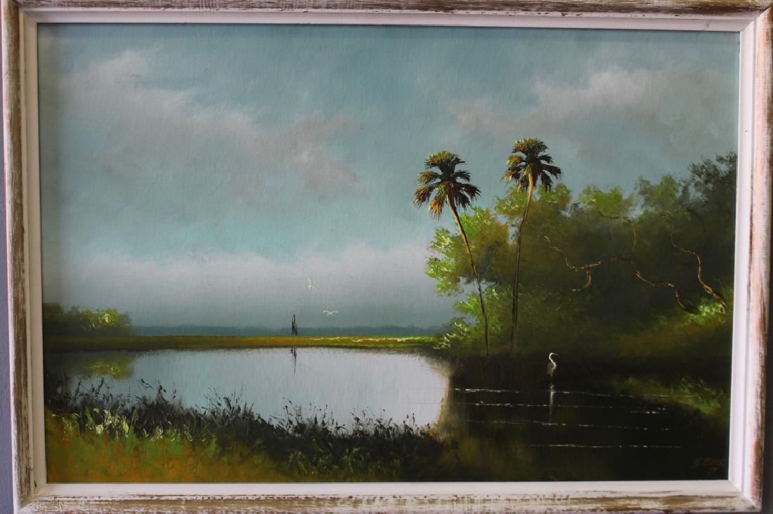 Al Black, Highwaymen Artist: Al Black, Highwaymen artist, oil on upson board, signed lower right and dated 1979, original frame, entitled en verso, "Back Country Palms" with artist's label, image 36" x 24", frame 37.5" x 26", one