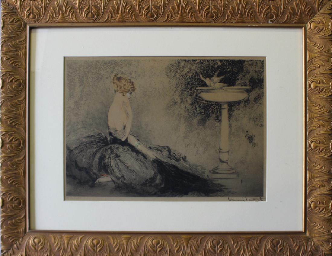 Louis Icart, Dry Point Etching "Epress d' Artiste": Louis Icart, dry point etching "Epress d' Artiste", in pencil lower left, signed lower right in stone, entitled "Wistfulness". Examined out of frame with adhesive from mat on extreme outer margins, 12