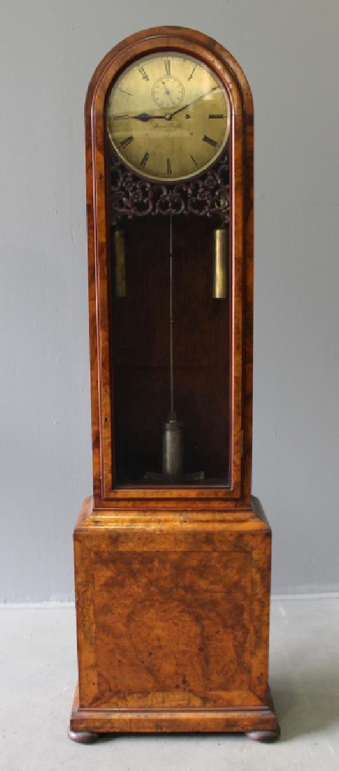 Scottish Tall Clock: Scottish tall case clock, last quarter 19th century, James Smith, Ayrshire, in beautiful burlwood cabinet, features dome top or "drumhead", 2 weights, heavy pendulum, brass face with Roman numerals, s
