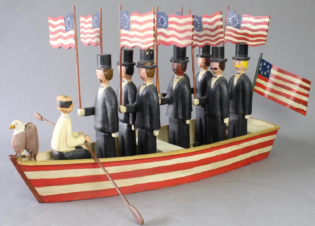Folk Art Men in Rowboat: Folk Art men in Rowboat, each holding an American flag. It is of a first generation Greek Folk artist to honor his recent swearing oath (1950s) of U.S. Citizenship. The men in boat represent others at