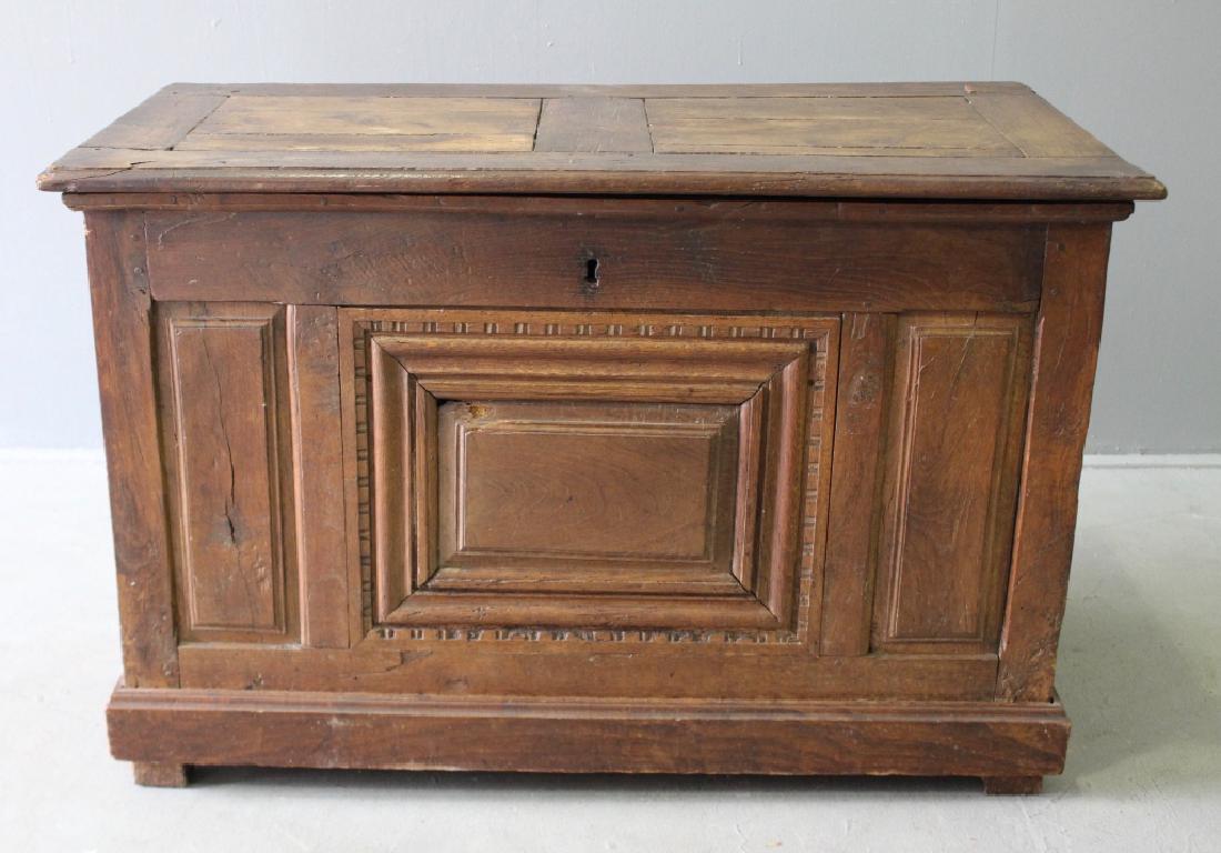 French Dowry Chest: French dowry chest, raised panel walnut construction, c. 1760-80, handmade hinges, large capacity, distressed condition, 30.5" x 46" x 22".