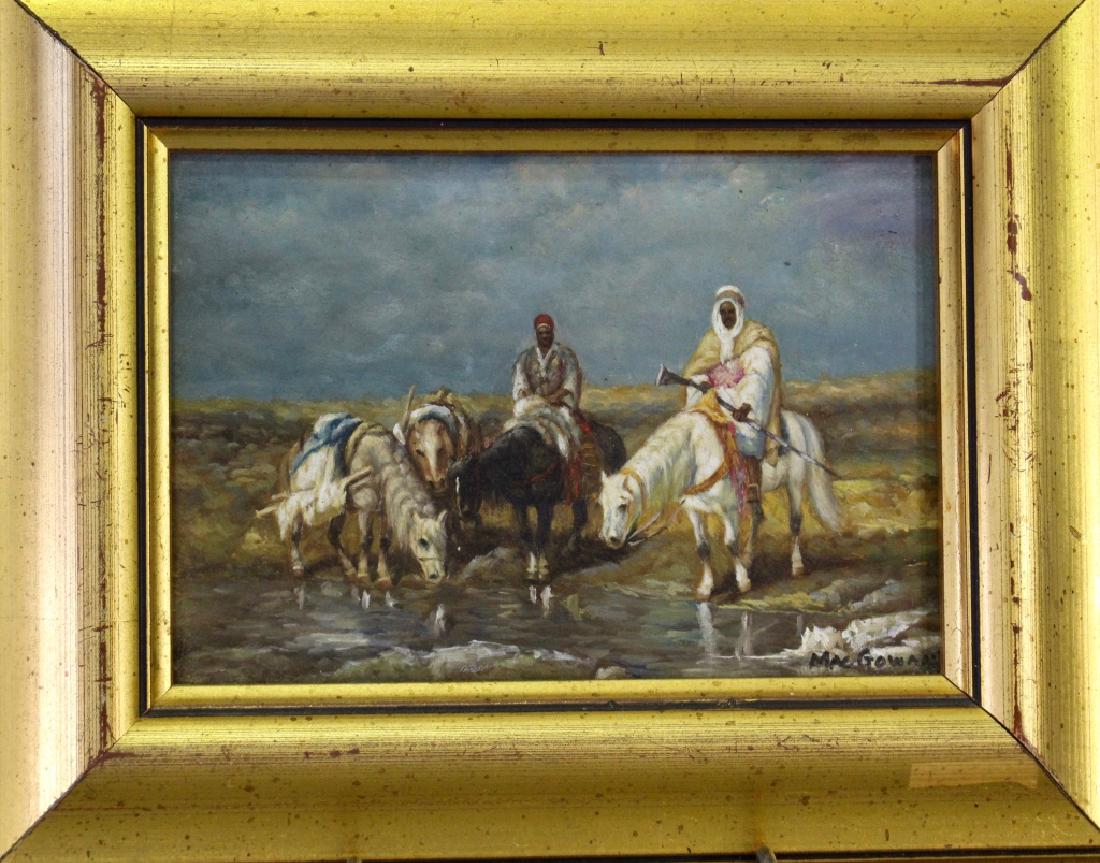 MacGowan, Oil on Board: MacGowan signed oil on board of Arabs at watering hole with horses, 5" x 7" image, in gold frame, signed lower right, good condition.