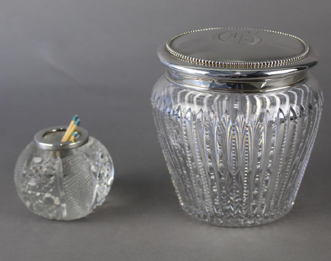 Cut Glass Humidor with Sterling Lid: Cut glass humidor with sterling silver lid and cut glass matchholder from the estate of Mr. Hugo Gernsback, 1884-1967, was a writer, inventor, and publisher who coined the phrase "Science Fiction". Th