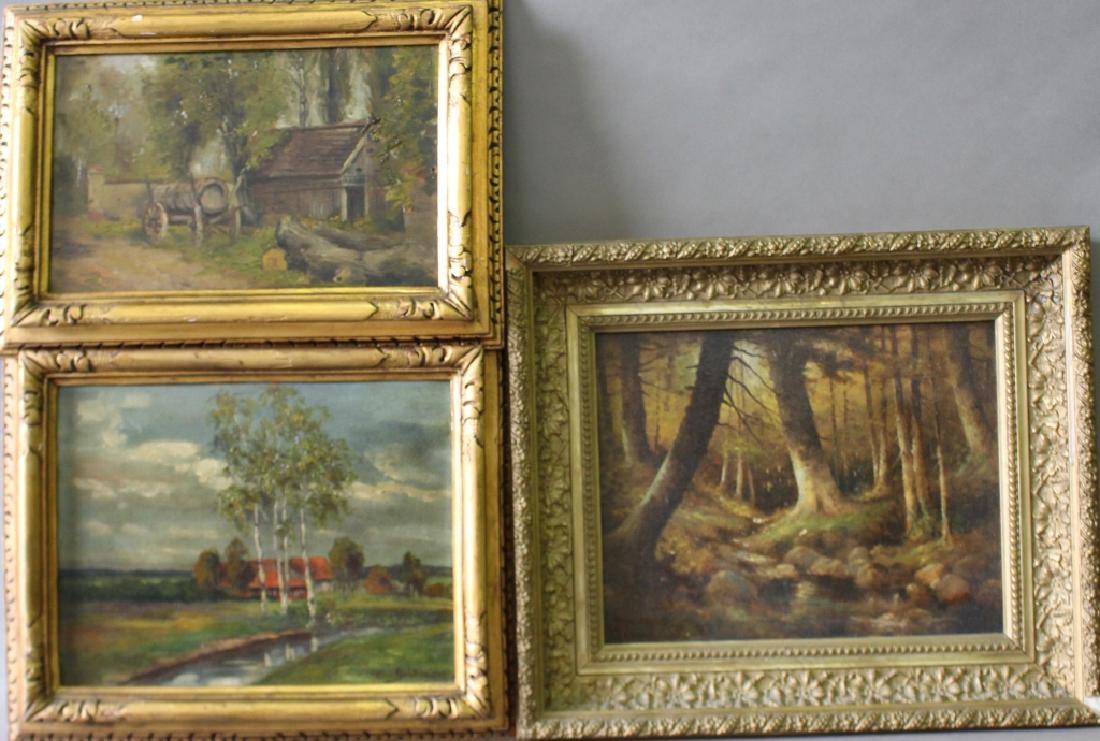 Three Early 20th Century Oil Paintings: Three early 20th century oil paintings: Elbridge J. Fenn, 1857-1934, 17" x 15", oil on board landscape, trees, stream. H. Seobrigge, 15" x 12", oil on canvas house with red roof, birch trees. And Hias