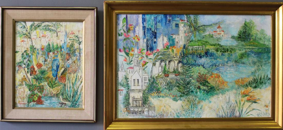 Two Helen Botway, 20th Century Acrylics: Two Helen Botway, 20th century, Florida/New York, acrylics on masonite board, "Tropical Vignette", dated 1979, Palm Beach, Florida, frame 22" x 26". Artist's bio en verso. Also, a 42" x 29" overall ac