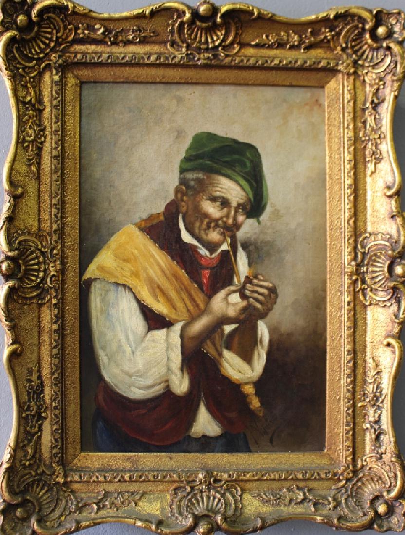 Ferruccio Vitale, Italian b. 1875 Oil: Ferruccio Vitale, Italian born 1875, oil on canvas of Neapolitan gentleman lighting a pipe, draped scarf, floppy green hat, good condition, signed lower right, image 10" x 15.5", in newer frame 15.5" 
