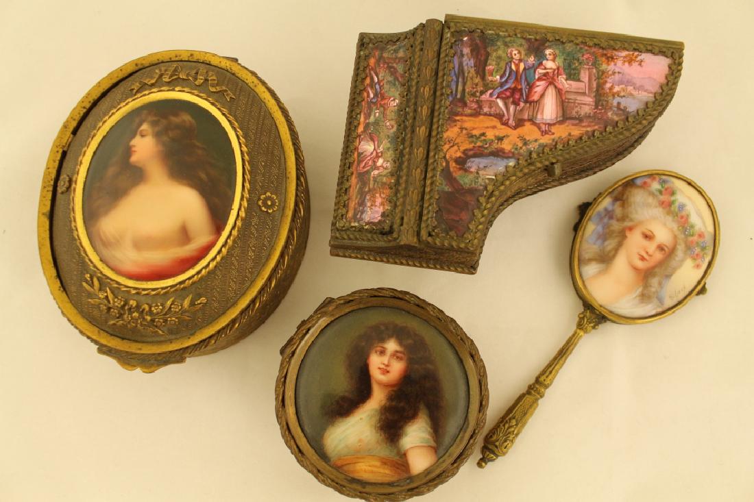 Group of Four Dresser Top Accessories: Group of four dresser top accessories: 2 lined jewel boxes with inset hand painted porcelain portrait plaques, miniature hand painted mirror with ladies portrait (silvering gone), and Austrian scenic 