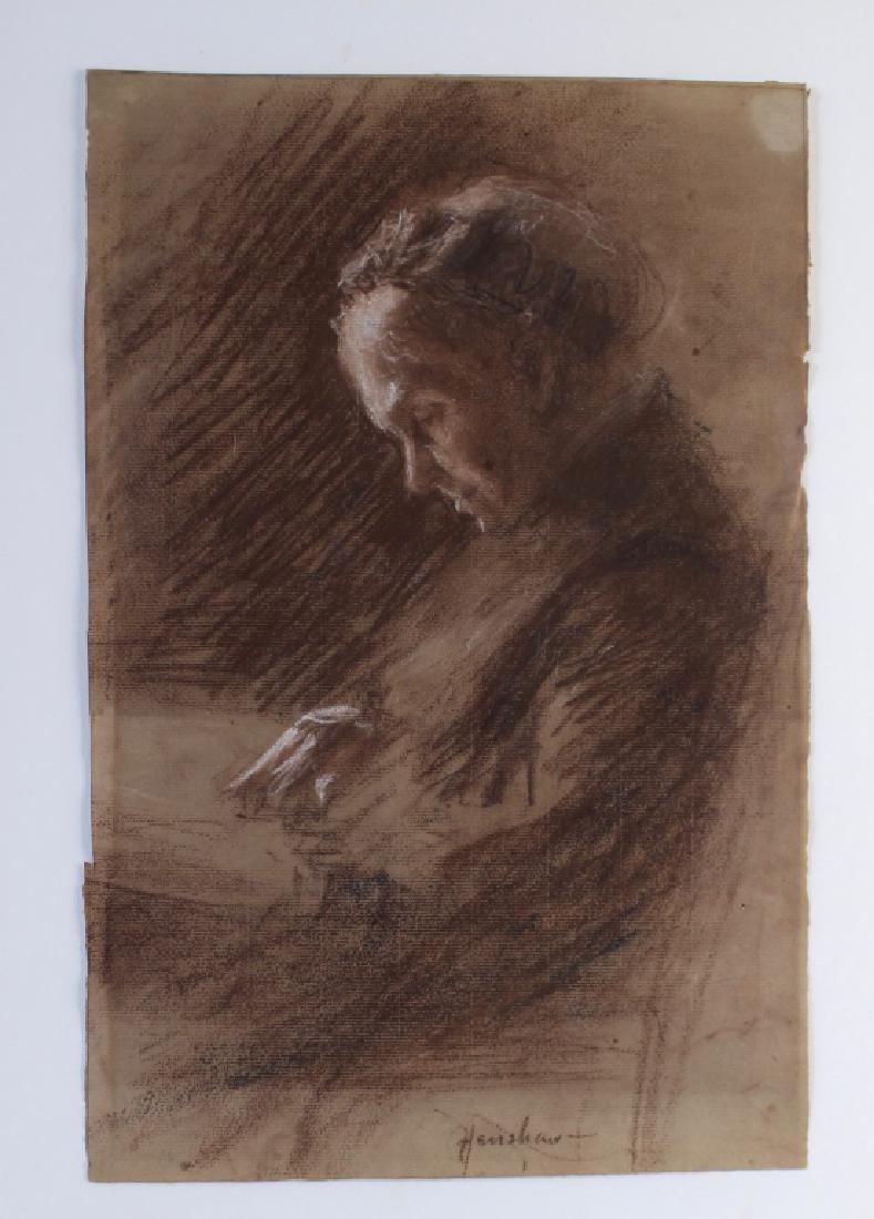 Glenn Henshaw, 1880-1946: Glenn Henshaw, 1880-1946, charcoal and paper, portrait of lady sitting, reading. Image 10.5" x 15.5" floated in 18.5" x 22.5" frame. Good condition.