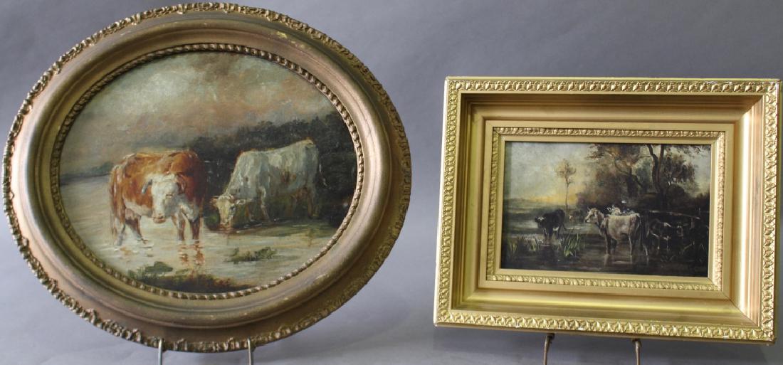 Two Oil on Board of Cows: Two oil on board scenes of bovine subject matter: 17" x 15" oval gold frame with 2 cows drinking from stream, no obvious artist signature, and a 13.5" x 10.5" scene by Jefferson Beardsley, d. 1895, bo