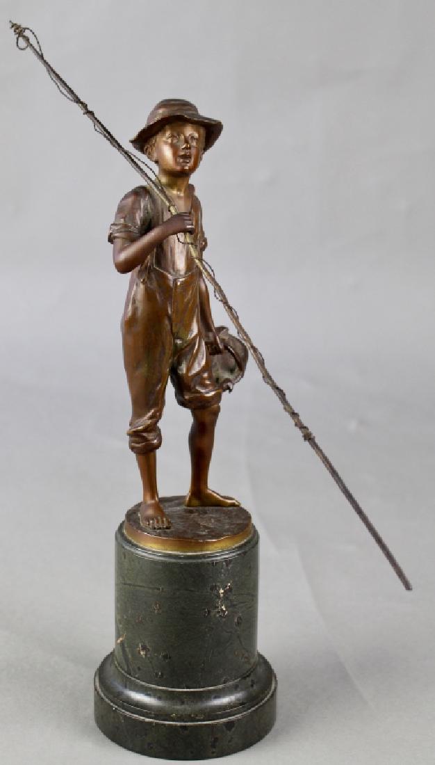 Spiro Schwalenberg, German Bronze: Spiro Schwalenberg, German late 19th century, figure of young boy with 13" fishing pole, carrying a basket with fish, on marble base, 12.5", signed good casting and patina