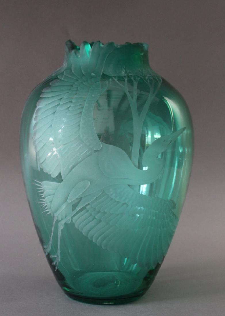 Rare Blenko Etched Glass Vase: Rare Blenko etched glass vase in teal blue by Catherine Miller, stylized trees and flying crane, acid etched signature and dated 2001. 13" x 8" diameter. Mint condition.