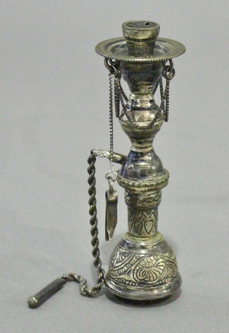 Coin Silver .900 Item: Coin silver .900 item: Marked Cairo, Egypt, 2.0 ozt. 5" tall. We do not know what this is, cigar lighter, oil lamp? Scored engraving, chains and attachments.