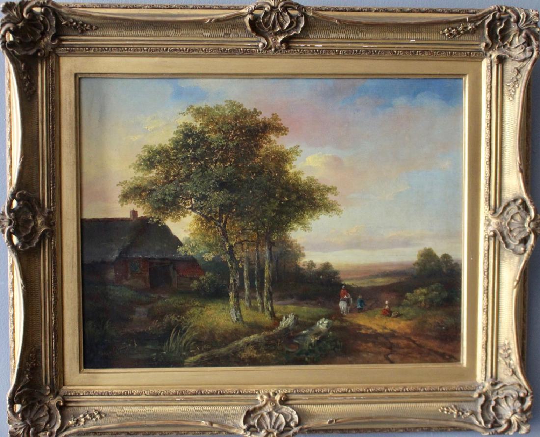 Hermanus Jan Hendrik Rijkelijkshuijsen, Dutch: Hermanus Jan Hendrik Rijkelijkshuijsen, 1813-1883, Dutch, oil on panel of fine country landscape of central Holland with a house, trees, road, horse rider, children, colorful clouds and blue skies. Go