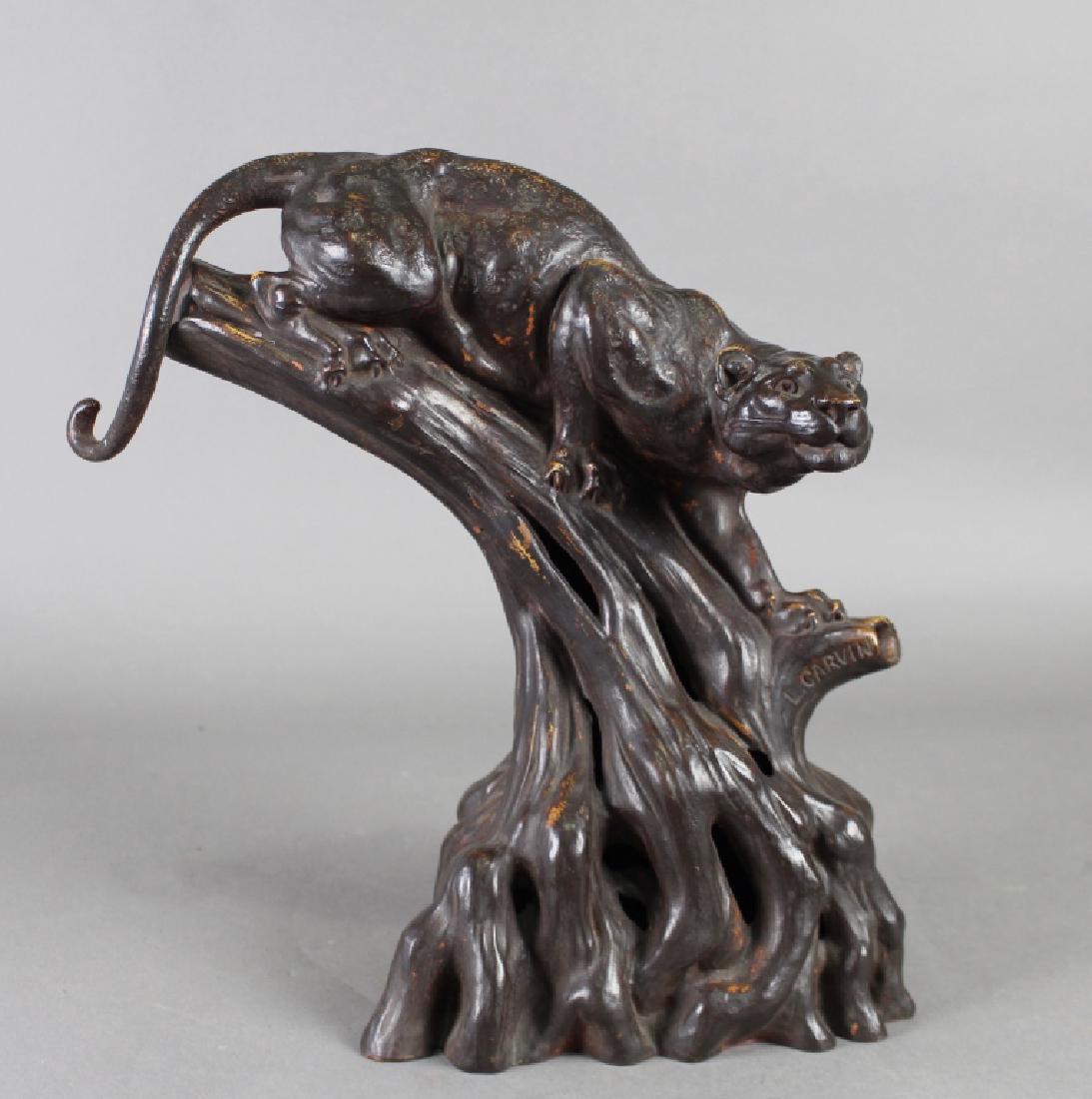 Lance Albert Carvin, 1875-1951, Bronze Panther: Lance Albert Carvin, 1875-1951 bronze panther creeping down a tree trunk, inscribed signature, Parisian foundry mark plus a factory hole (for wiring?) good condition with worn patina in right spots, 1