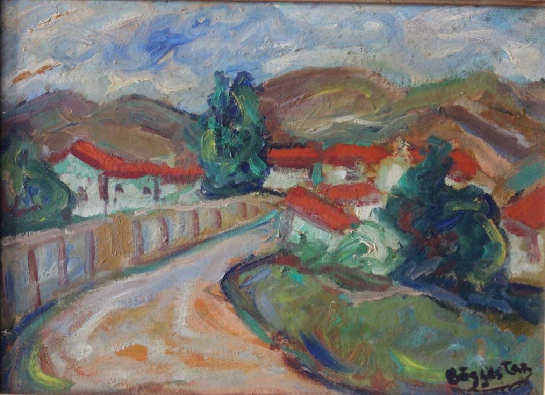 Maxim Bugzester, 1910-1978, O/B: Maxim Bugzester, 1910-1978, Polish-American, oil on artist board, impressionistic winding road with fence, red roof buildings, hills in background. Great use of single thick brush strokes. Signed lowe