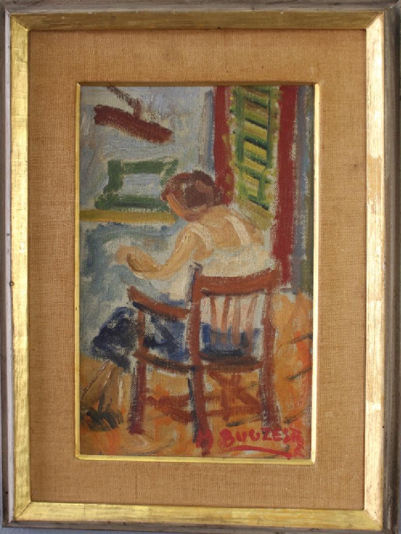 Maxim Bugzester, 1910-1978, O/B: Maxim Bugzester, 1910-1978, Polish-American, oil on board, shows female's back sitting in slatted armchair reading at open window, thought provoking subject matter, signed lower right, very good condi