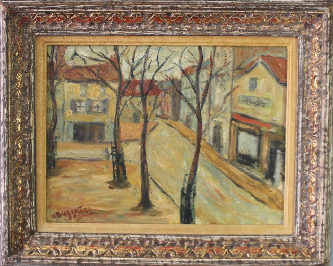 Maxim Bugzester, 1910-1978: Maxim Bugzester, 1910-1978, Polish-American, oil on canvas, street village scene, bare trees along sidewalk with shops and house in perspective, signed lower left, in distressed colored frame 1940s, 2