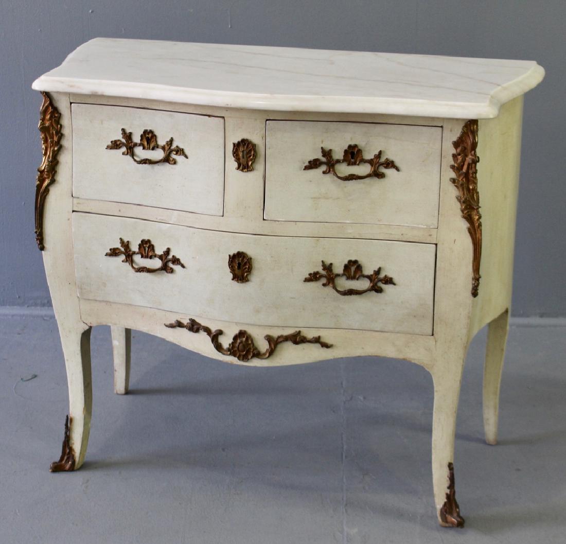 Petite Marble Top Chest: Petite marble top two drawer chest, once belonging to the actress Agnes Moorehead. Original receipt included when purchased 6/20/1975 from Garth's Auction, Dayton, Ohio, at the liquidation sale of her