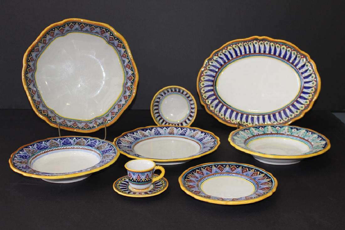 Huge Set of Italian Faience Dinnerware, 51 Pieces: Huge set of Italian tin-glazed faience dinnerware: 12-10.75" dinner plates, 12-8.25" salad plates, 12-10" rim soups, 12 cups and saucers, 13" serving bowl, 15" platter, 5.5" utility bowl, all in great