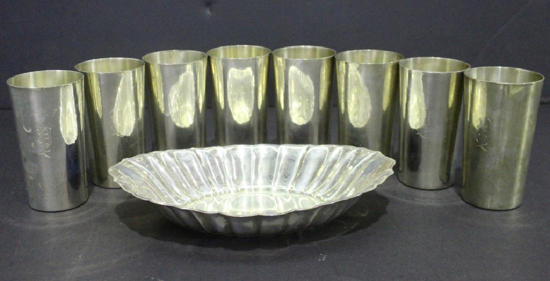 Set of Eight Sterling Silver Tumblers: Set of eight sterling silver tumblers and tray, all monogrammed "P", tumblers from Schofield Co. Baltimore, tray is 10.25" by Reed & Barton, all good condition, 52 ozt.