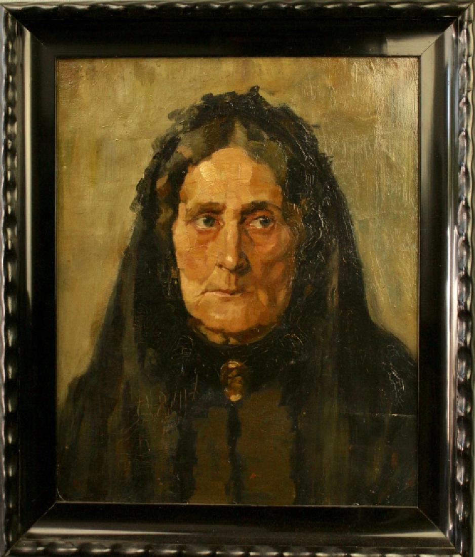 Hermann Metz, 1865-1945, Germany, O/C: Hermann Metz, 1865-1945, Germany, oil on canvas portrait of elderly lady in black lace veil, cameo jeweled collar, dark clothing, signed H. Metz, upper left, good condition with minor craquelure. 20.5