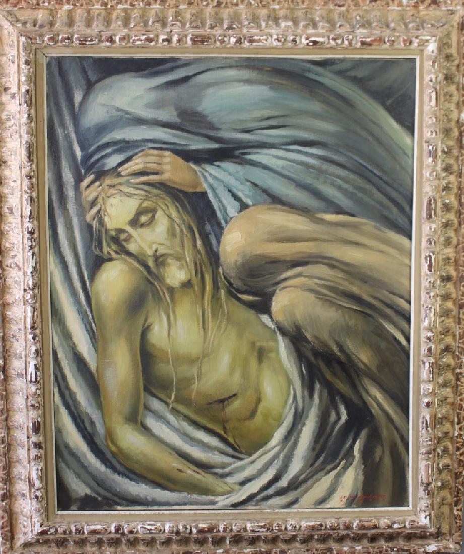 Jean-Dominique Van Caulaert, 1897-1979: Jean-Dominique Van Caulaert, 1897-1979, French, large oil on canvas, depicts Christ off the cross, Mother Mary cradling His head with another figure in foreground draped, signed lower right and dated 