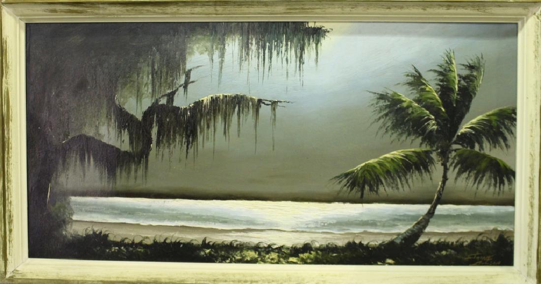 James Gibson, Highwaymen, O/B: James Gibson, Florida Highwaymen artist, oil on upson board, large "sofa" painting of moonlit tropical beach, palm tree, Spanish moss, beach foliage, in original crown molding frame, and earlier work 