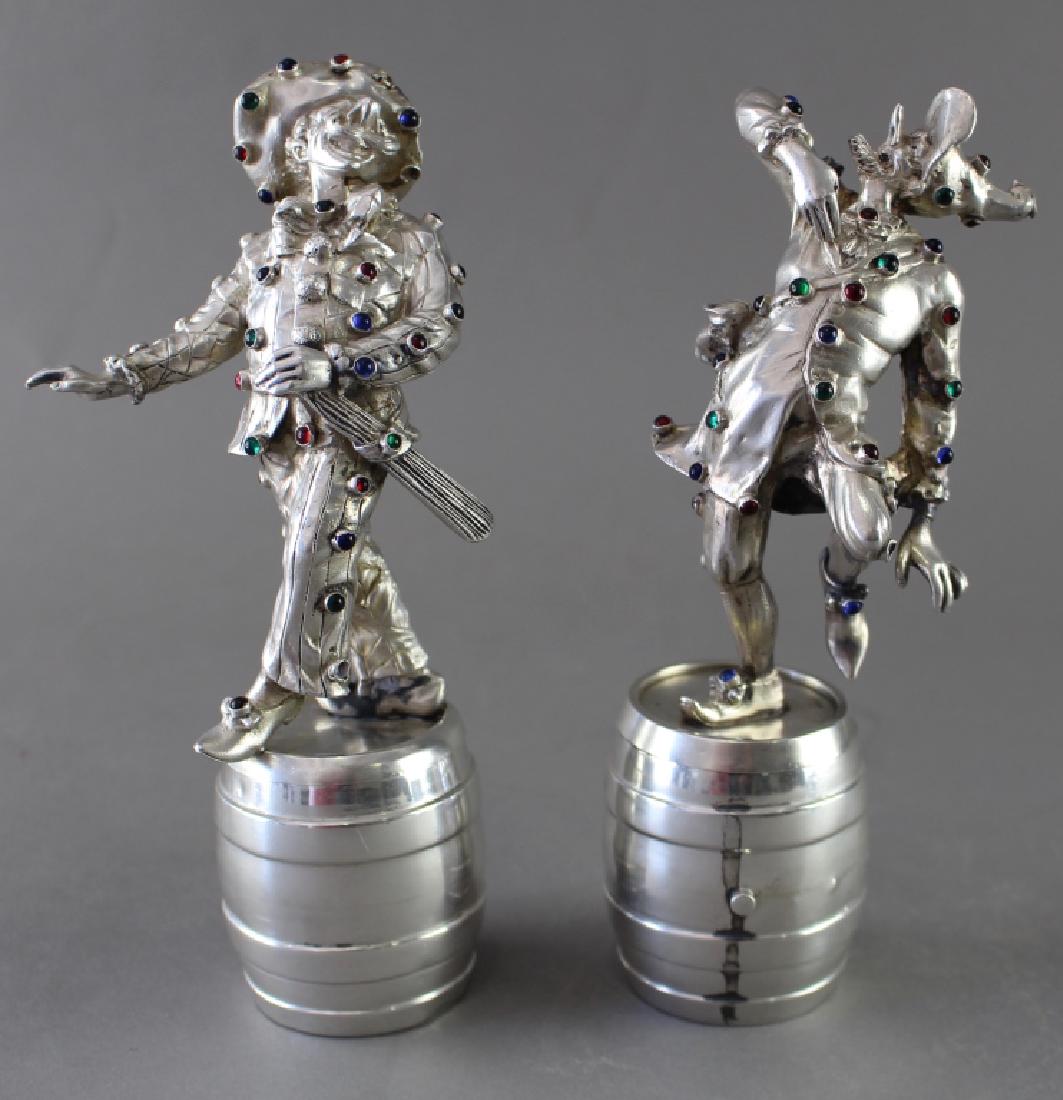 Pair Sohne, Hanau Silver Figures: Important pair Sohne, Hanau German silver figures dancing atop barrels, c. 1900 by J. D. Schleissner Sohne, S479 mark, .800 silver, the bejeweled "clowns" are dotted with green, red and blue cabochons
