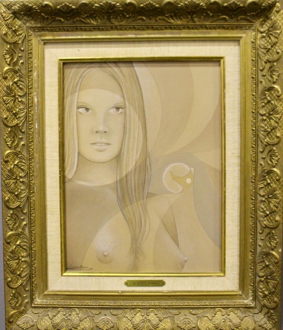 Alberto Parra, 20th Century Spain, O/C: Alberto Parra, 20th century Spanish, oil on canvas, dated 1972, very mid-century flair to a portrait of young woman with flowing background designs, signed and dated lower left, brass plate on frame, 