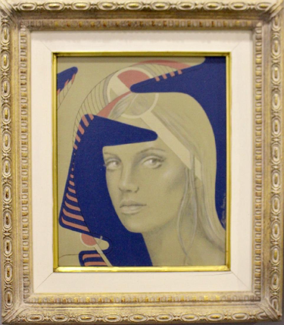 Alberto Parra, 20th Century, Spain, O/C: Alberto Parra, 20th century, Spain, oil on canvas mid-century modern abstract portrait of young woman, signed and dated 1975 lower right margin, titled en verso "Expression Enigmotilo" with presentati