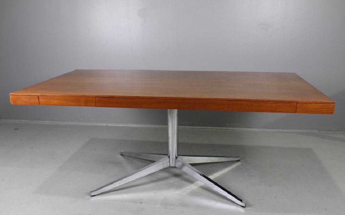 Florence Knoll Executive Partner's Desk: Florence Knoll Executive partner's desk, oversize 72" x 38" top featuring two slim drawers on each side, chrome pedestal base with 4 legs, Knoll International label on bottom, some dents and nicks alo