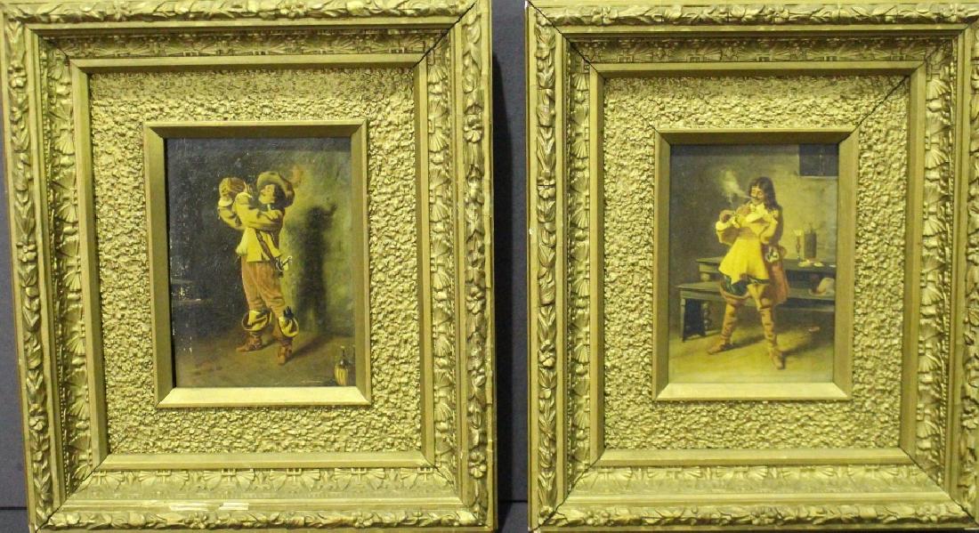Two Oil on Panel Paintings: Two oil on panel paintings: One depicting a cavalier drinking in one interior scene and the other one lighting a pipe. 8.5" X 11", both in gold gesso frames (very minor loss on one). The are unsigned 