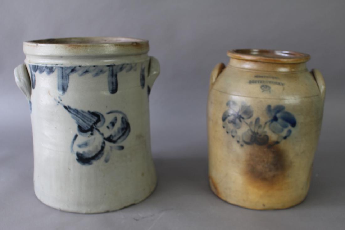 Two Cobalt Decorated Stoneware Crocks: Two cobalt decorated stoneware crocks: #2 Somerset Potters Works with floral decoration, crow's foot and minor hairline (both no harm), kiln burn and a 3 gallon food storage crock with a decoration mi