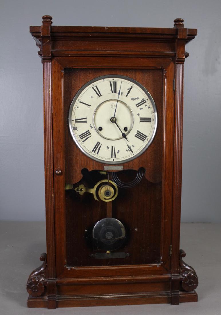 Seth Thomas, "Lincoln" Mantle Clock: Seth Thomas, "Lincoln" presentation in 1882 mantle clock, weight driven movement No, 14 3/4, brass pulleys and weights, walnut case, original finish 27.5" x 17" x 5". Running at auction time.